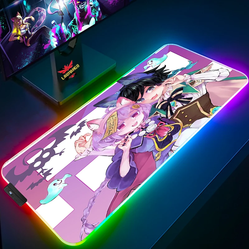genshin impact anime gaming mousepad rgb pad large gamer mouse pad rubber led computer desk mat keyboard mat xxl with backlight free global shipping