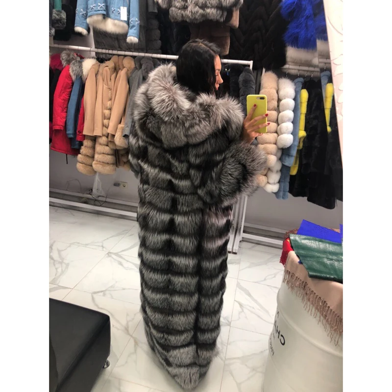 130cm Long Real Silver Fox Fur Coat With Hood Thick Warm Natural Fur Coats Women Outwear Luxury 2022 Trendy Female Fur Overcoats