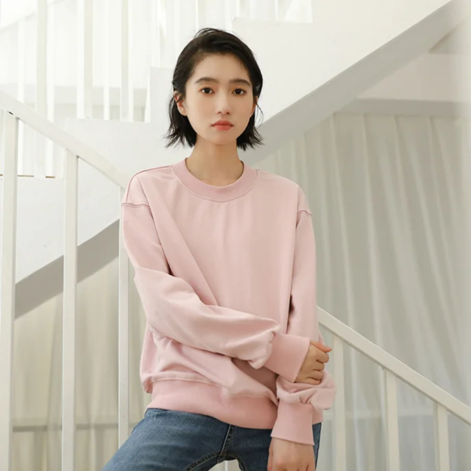 

Cotton Sweatshirt Women Autumn 2020 Korean Style Casual Loose Drop Shoulder Solid Blue Pink Round Collar Long Sleeve Tops T462