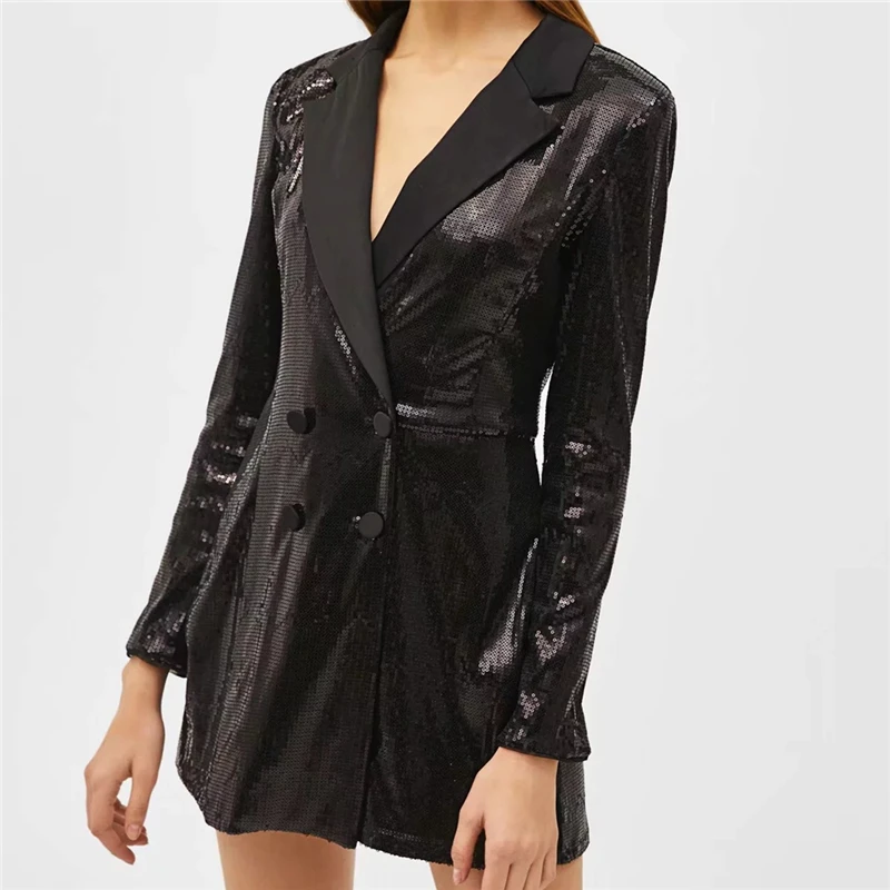 Женский комбинезон с блестками черный короткий длинным рукавом