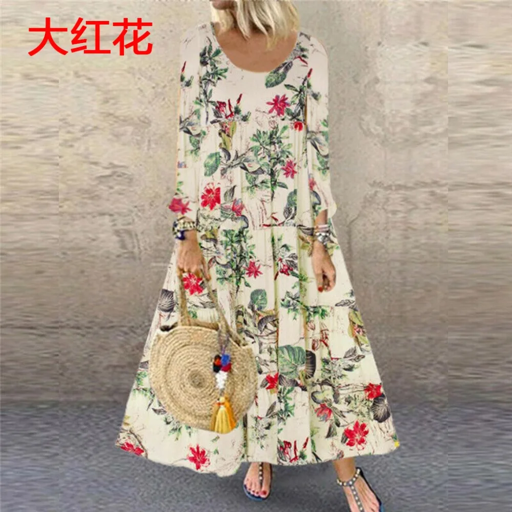 Женский сарафан в винтажном стиле с цветочным принтом и половинным рукавом, Осеннее Повседневное платье Pacthwork, богемное платье, сарафан размера плюс