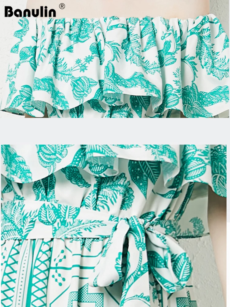 Женское длинное платье с открытыми плечами модельное зеленое пляжное оборками