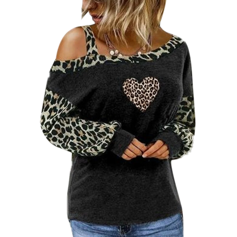 

One Shoulder Sexy Shirts Leopard Stitching Long Sleeve Casual Top Clothes Skew Collar Plus Size Ladies Tee Shirts Women