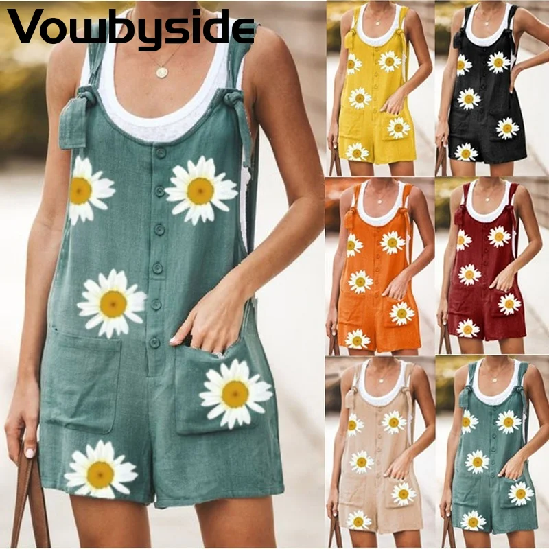 

Women's Summer New Floral Print Solid Color Lace Up Casual Looses Leeveless S-5XL Large Size Shorts Jumpsuit Romper Playsuit