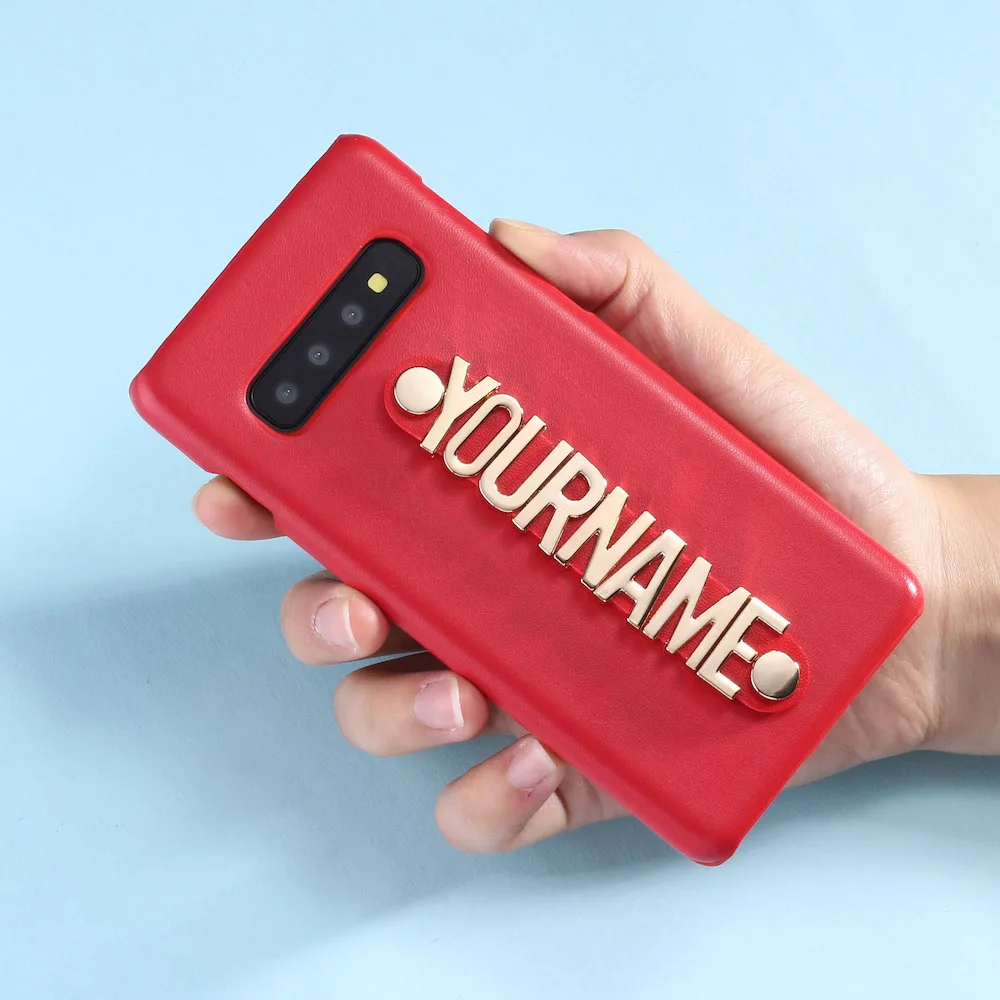 For Samsung Galaxy S8 S9 S10 Plus Note 8 9 A50 Custom Leather Phone Case Holding Strap Gold Metal Name Text Funda Coque | Мобильные