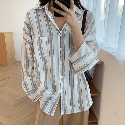 Осенние полосатые винтажные Свободные повседневные обычные шифоновые Базовые