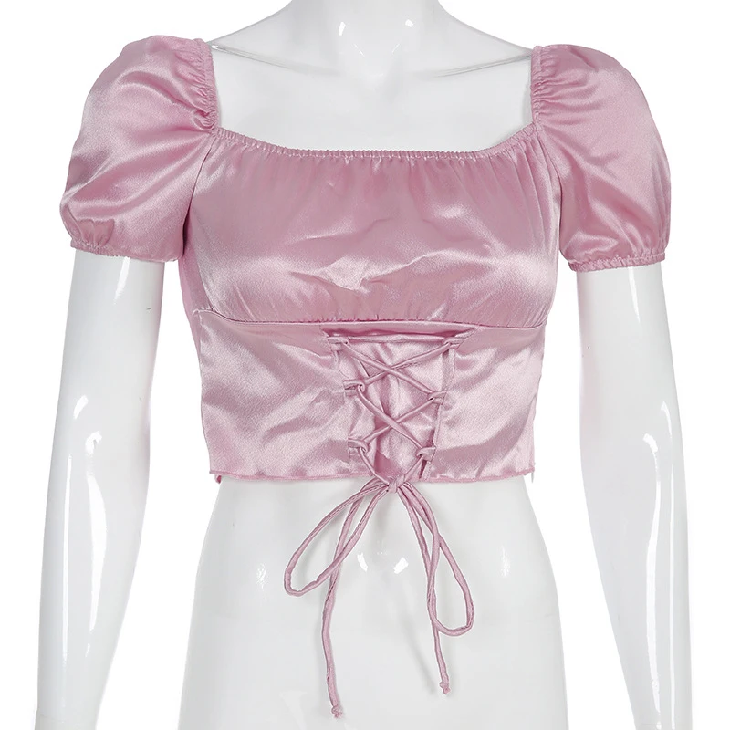

Goth Dark Gothic Harajuku E-girl Aesthetic Pink T-Shirts Pastel Goth Women Lace Up Crop Tops Satin Skinny Patchwork Streetwear
