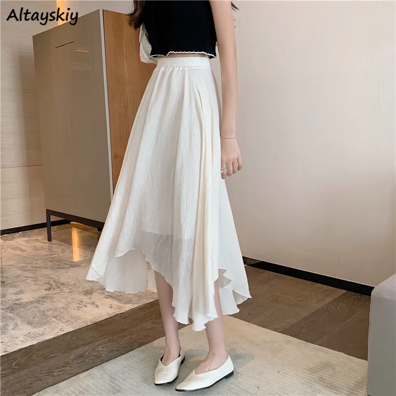 

Skirts Women Summer Elegant Simple Asymmetrical Solid Tender Female Ulzzang Fit Chic Leisure Sweet High Waist Fashion Soft Falda