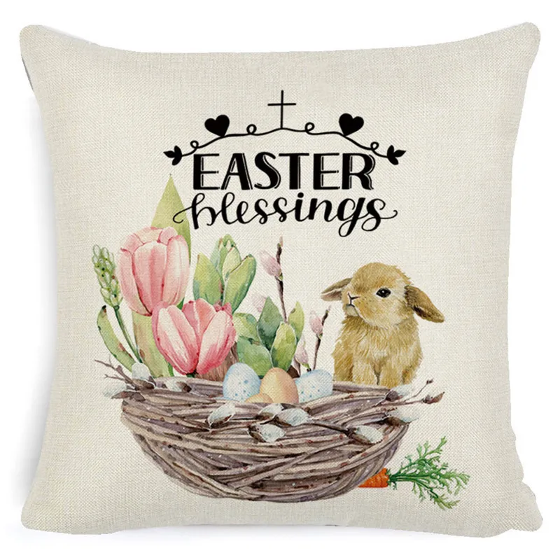 

Easter Throw Pillow Cushion Cover Bunny Style with Eggs and Blossoms Retro Decorative Square Accent Pillow Case Nordic Style