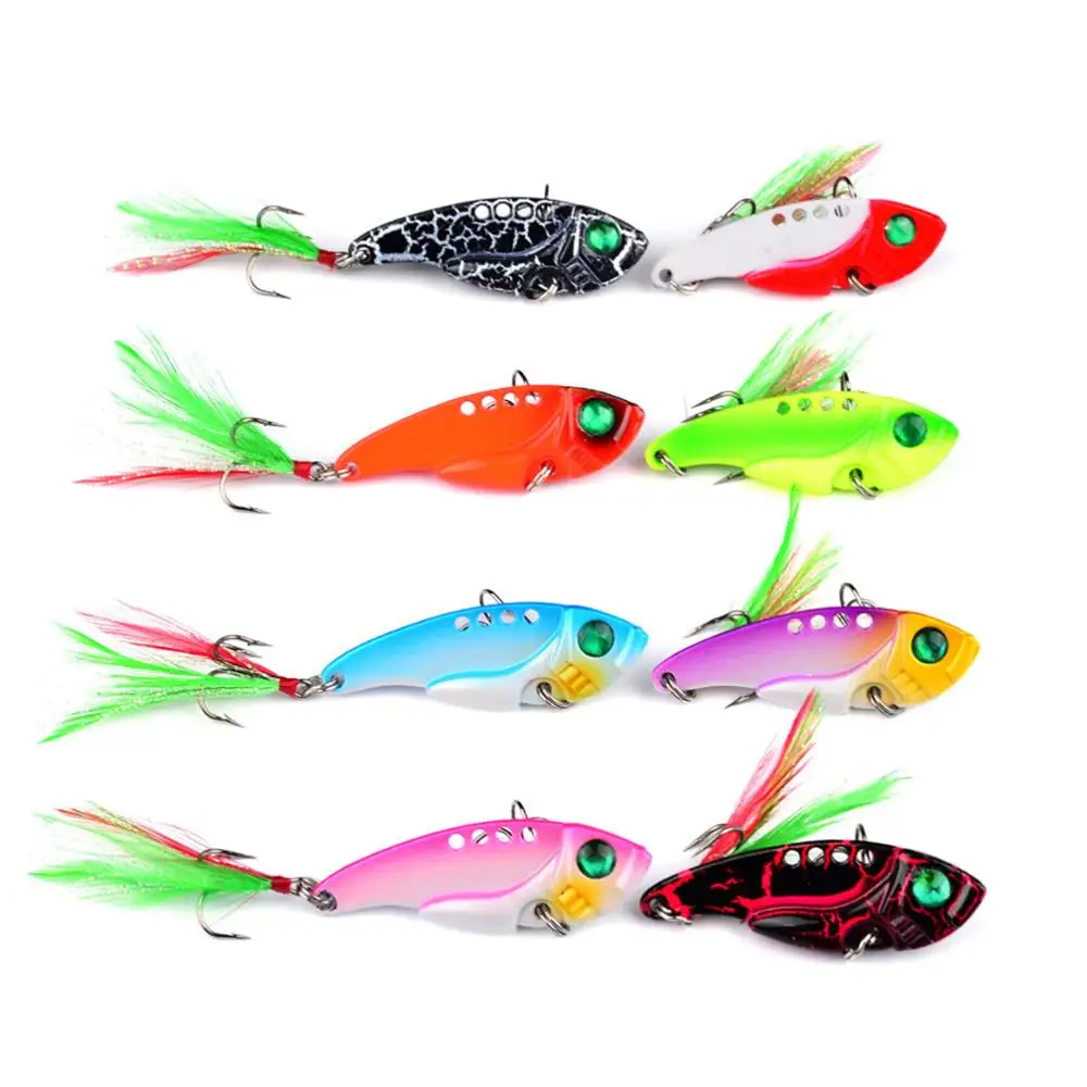 

8PCS Fishing Metal VIB Spoon Lure Treble Feather hook 11g