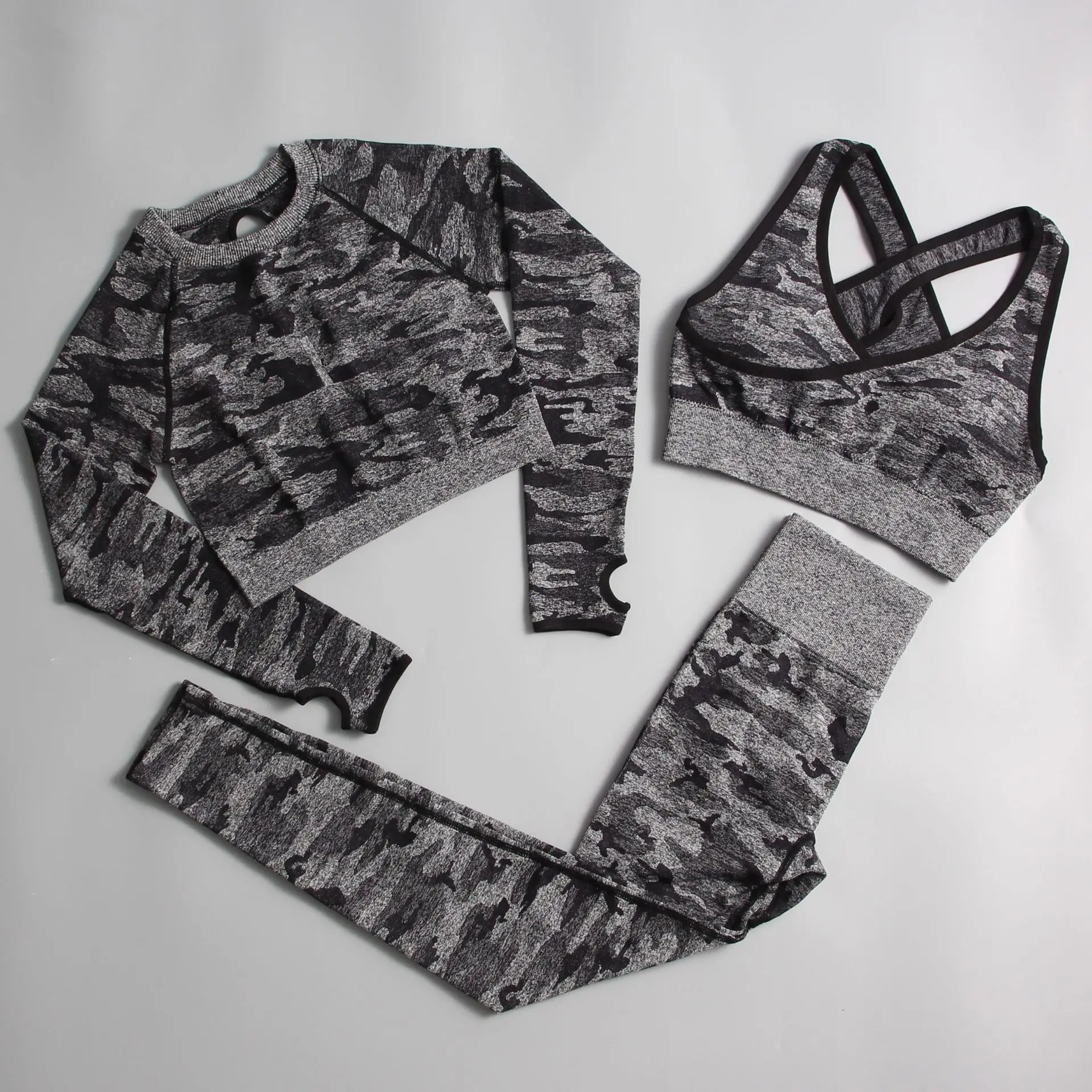 Women's Sportswear Yoga Set Workout Clothes Athletic Wear Sports Gym Legging Camo Fitness Bra Crop Top Long Sleeve Exercise Suit