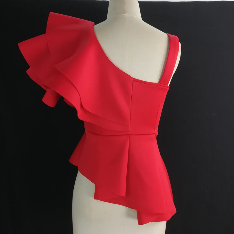 Женская блузка топы рубашки сексуальные с баской красные рюшами асимметричными