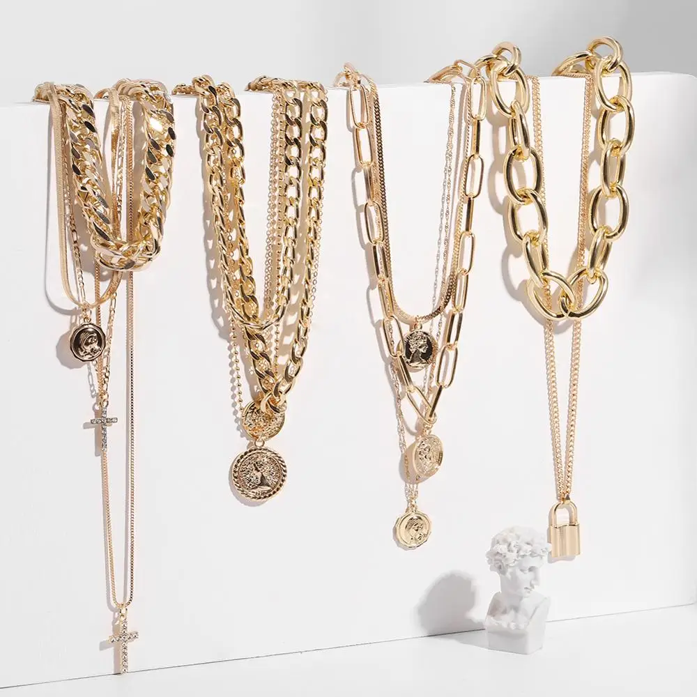 Многослойная металлическая цепочка Dvacaman массивное ожерелье золотого и