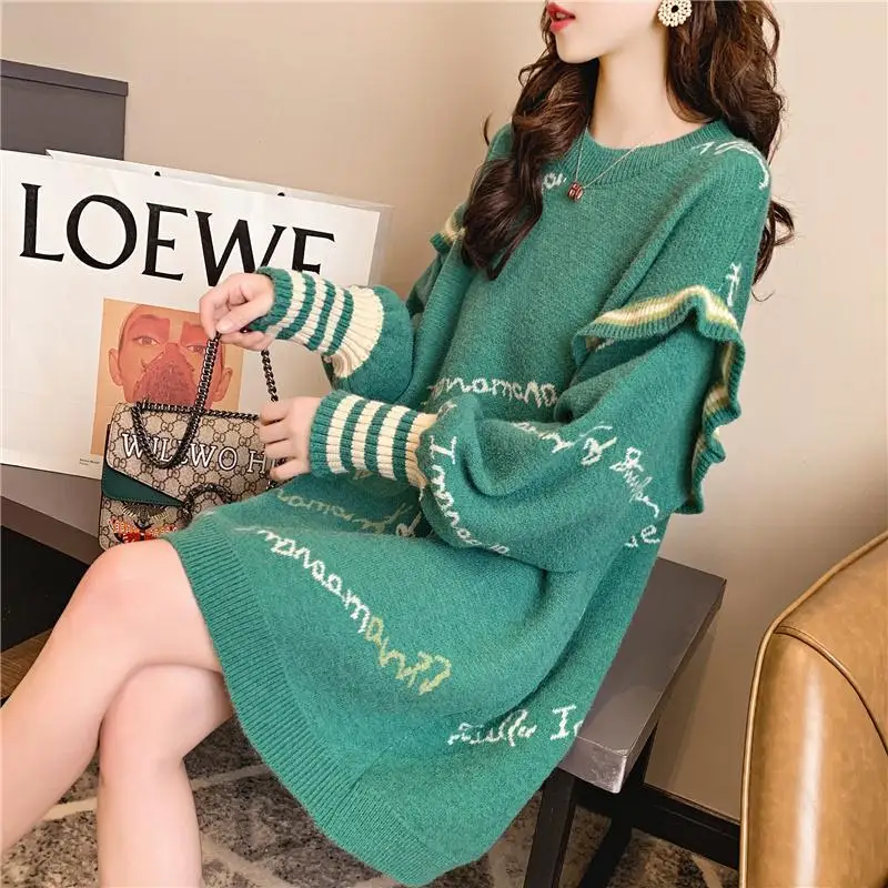 

Autumn and winter new woolen dress women's Pullover medium length Ruffle jacquard letter bottomed shirt lazy Fashion Top