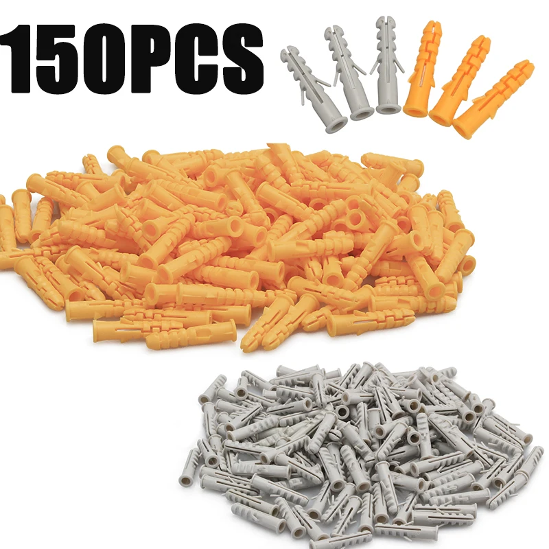 

150pcs Plastic expansion pipe M6*30mm rubber plug plastic pipe nylon column expansion screw anchor plug wall plugs yellow&gray