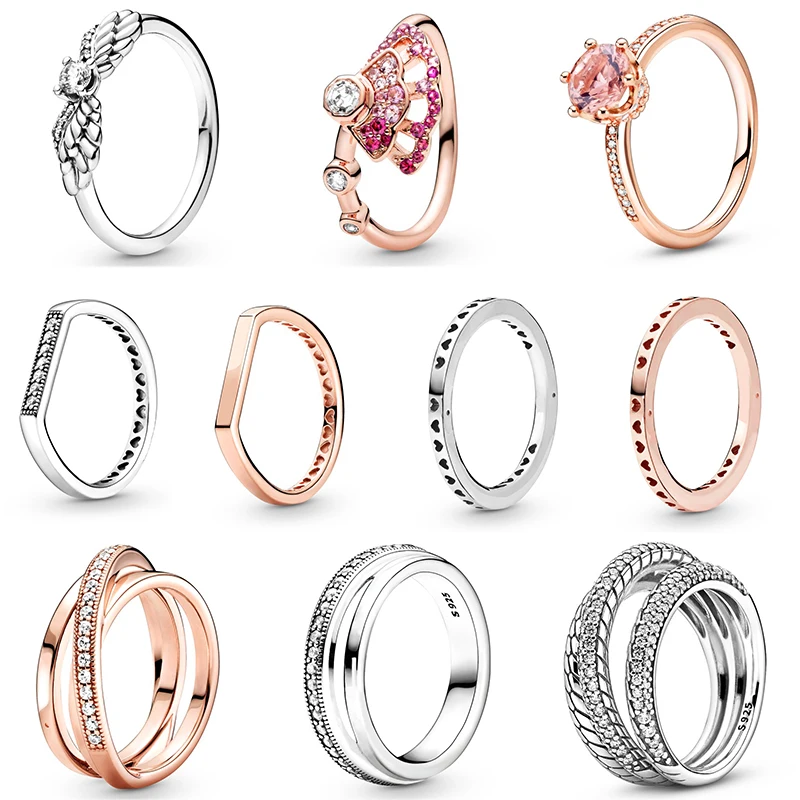 

Women Silver Color Rings With Angel Wing Pink Sparkling Crown Solitaire Crystal Ring For Women Jewelry