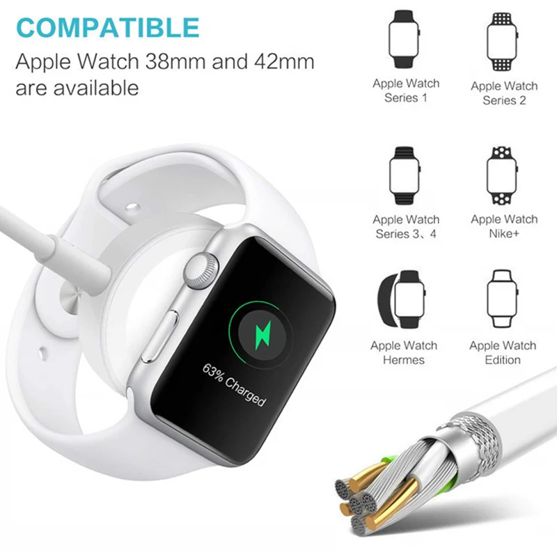 1 м Быстрое беспроводное зарядное устройство для Apple Watch Series 2 3 4 42 40 44 мм USB