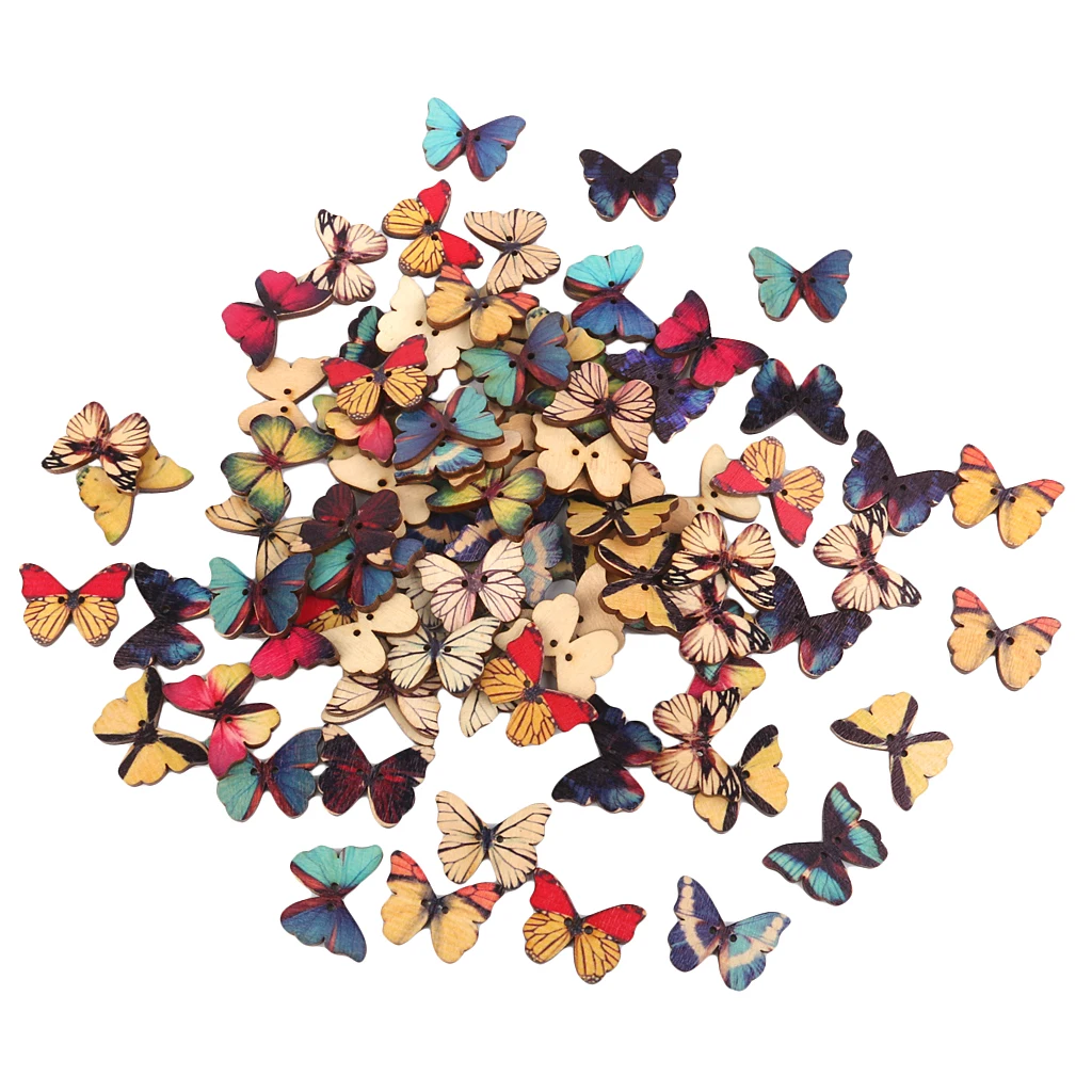 

LOT 100 PCS WOODEN MIXED BUTTERFLY FLATBACK BUTTONS SEWING SCRAPBOOK CRAFTS