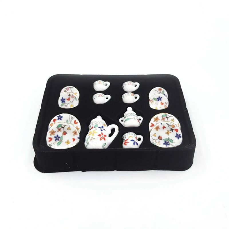 

1:12 Miniature 15pcs Porcelain Tea Cup Set Chintz Flower Tableware Kitchen for Dollhouse
