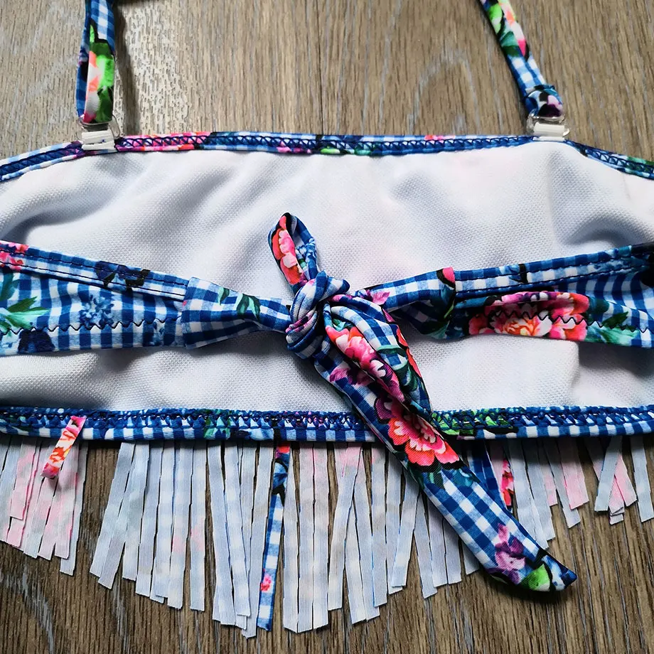 Детский купальник с кисточками для девочек комплект бикини в клетку из двух