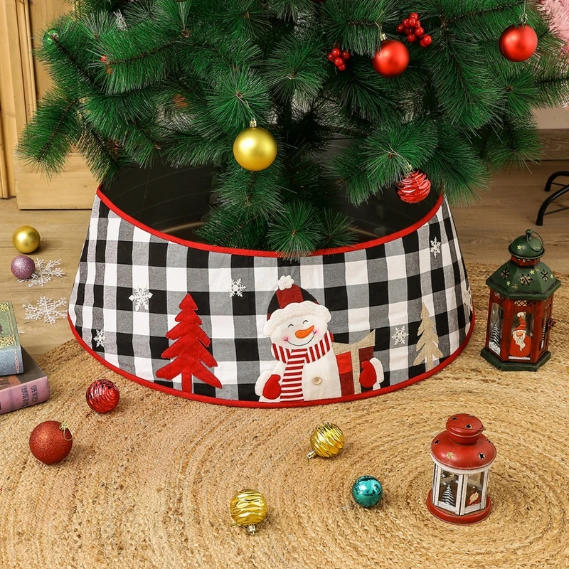 

Christmas Tree Skirt Snowman Black White Plaid Base Collar Around Xmas Decor