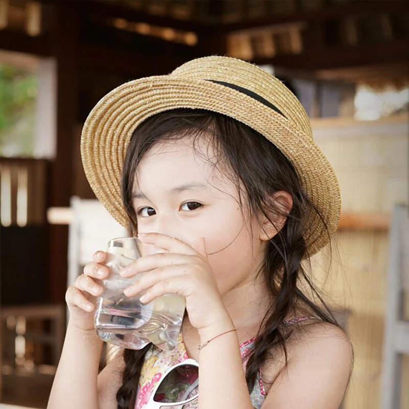 

Summer Parent-child Bowknot Sun Hat Girls Straw Cap Kids Large Brim Beach Summer Boater Beach Ribbon Round Flat Top Cute Child