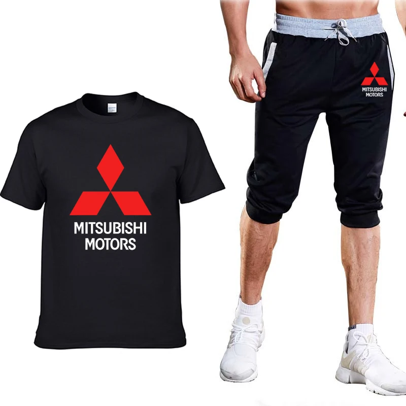 

New Summer Men T Shirts Mitsubishi Car Logo Print Solid color Casual Cotton Short Sleeve Crew neck T-shirt pants suit