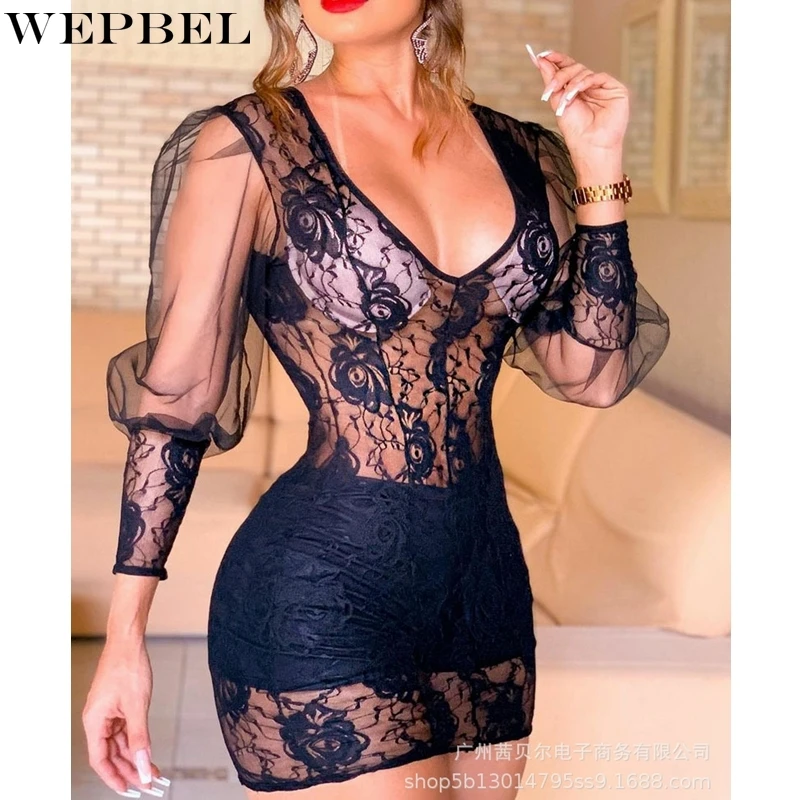

WEPBEL Dress Women's Fashion See-through Mesh Lace Dress Autumn Sexy Long Sleeve V-neck Slim Solid Color High Waist Dress