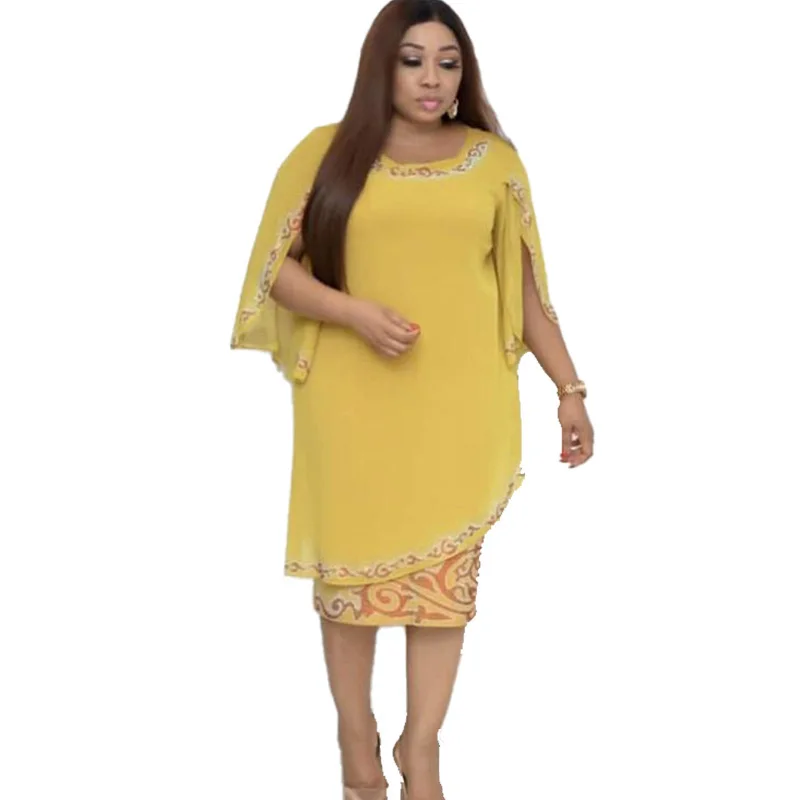 

Cyalaa Plus size round neck with diamond flared sleeve fake two piece pants set patchwork dress
