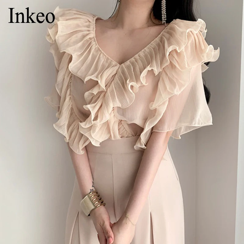 

Элегантная женская блузка с оборками, лето 2020, новая однотонная женская рубашка с коротким рукавом и v-образным вырезом, сексуальные прозрач...