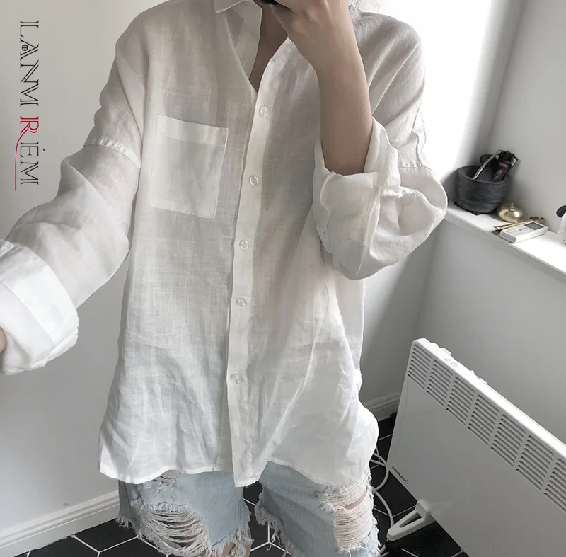 

LANMREM Women's Sunscreen White Top New Lapel Long-sleeved Loose-fitting Shirt Fashion Trend 2022 Autumn Summer 2E1303