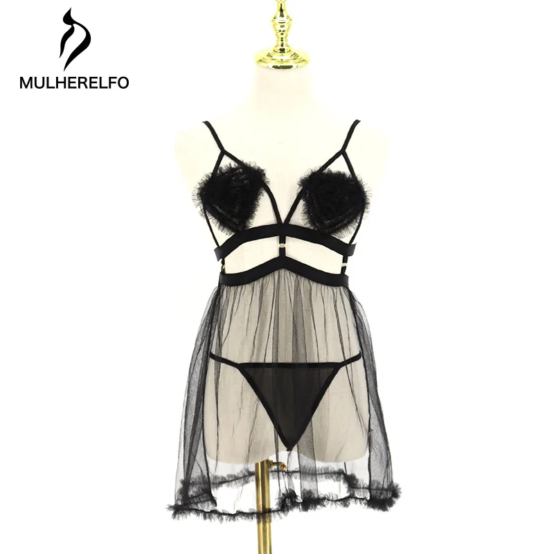 

Sexy Mesh 3D Floral Applique Nightdress Women Sexy Hollow Lingerie Sling Deep V Babydoll Perspective Backless Nightgowns Pyama