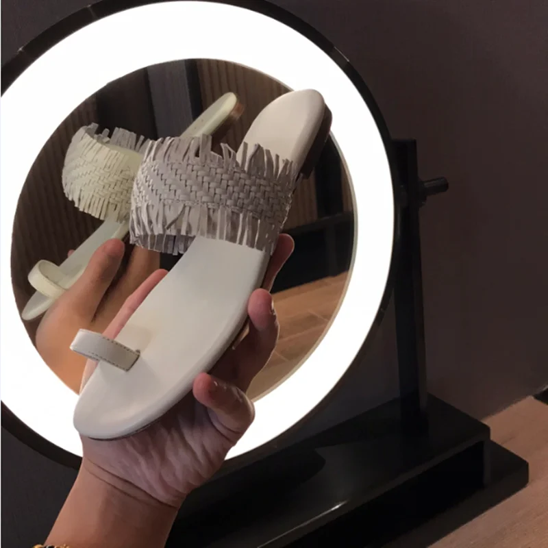

High Quality Simple Fashionable Sandals Women Summer New Genuine Leather Flip Flops Woven Slippers Tassels All-match Women Shoes