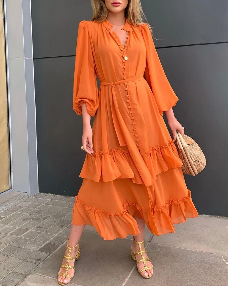 

Orange Ruffles Frill Hem Lantern Sleeve Button Front Dress