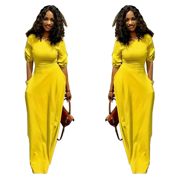 Модное повседневное длинное платье с круглым вырезом и коротким рукавом