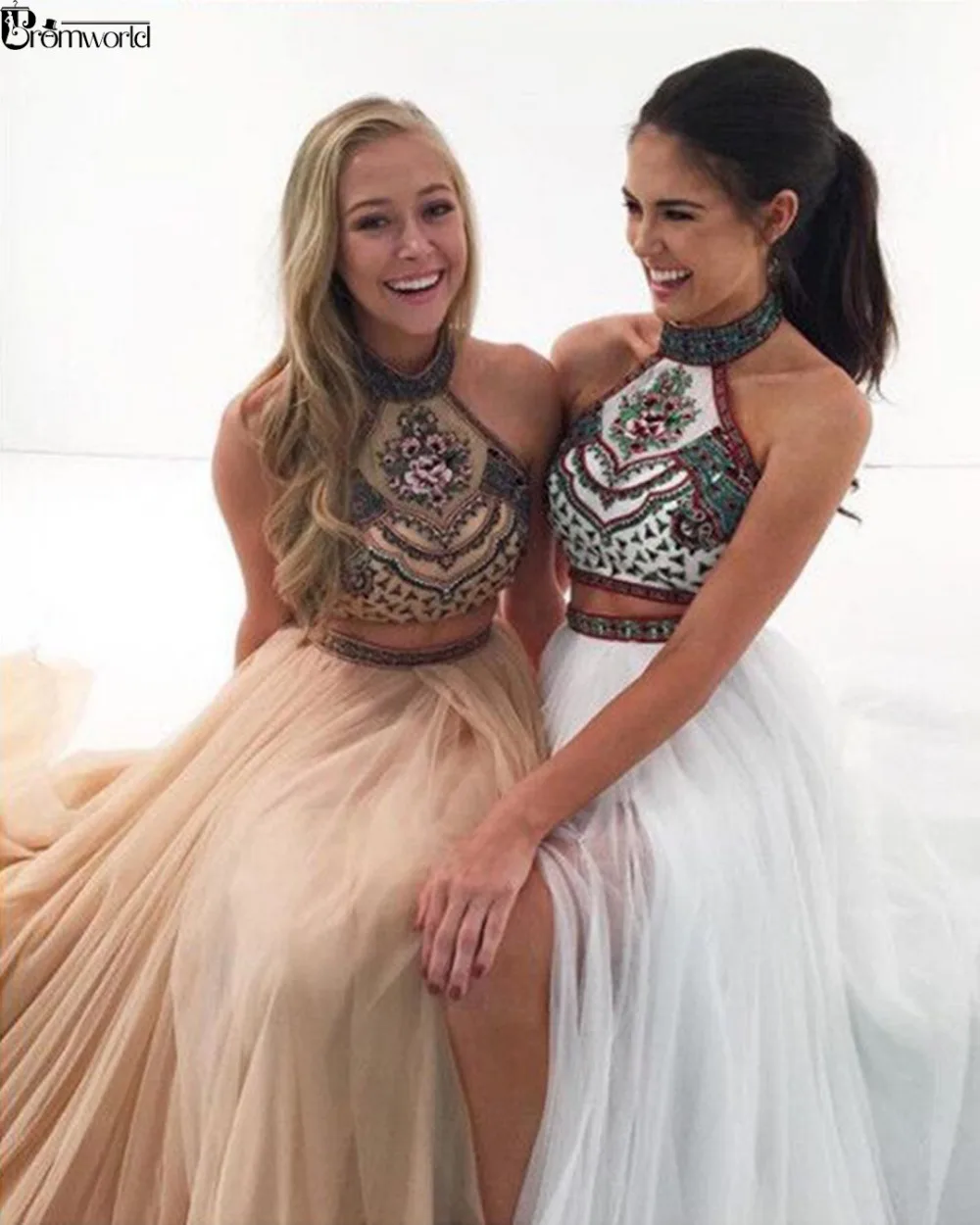 Vestido De Formatura белое платье для выпускного вечера es шифоновое платье с цветочной вышивкой и лямкой на шее ТРАПЕЦИЕВИДНОЕ ПЛАТЬЕ из двух частей для выпускного вечера
