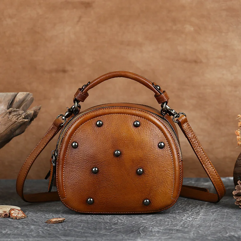 

Retro Genuine Leather Circular Crossbody Bags For Women 2021 Female Shoulder Bag Sac Femme Messneger Bag Lady Handbags Purses
