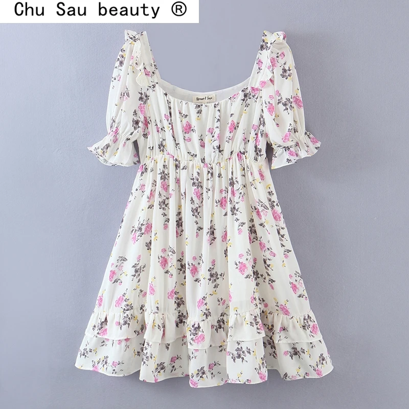 

New Fashion 2021 Sweet Chic Floral Printed Mini Dress Women Summer Holiday Style Ruffles Princess Dresses Female Vestidos