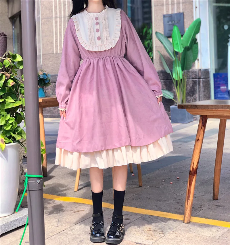 

Japanese Autumn Harajuku Women'S Dress O-Neck High Waist Slim Contrast Color Ruffled Sweet Lolita Dress Kawaii Costume 2021
