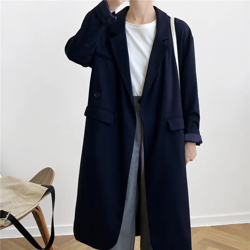 

Женское темно-синее длинное пальто с длинным рукавом, свободная куртка с карманами, однобортная прямая куртка, однотонные повседневные топ...