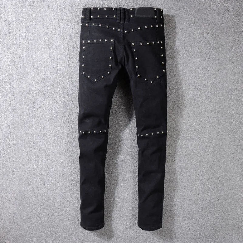 Top Quality Men Motor Biker Slim Fit Jeans Skinny Rivet Pencil Pants Punk Beads Pleated Long Denim Trousers Big Size White | Мужская