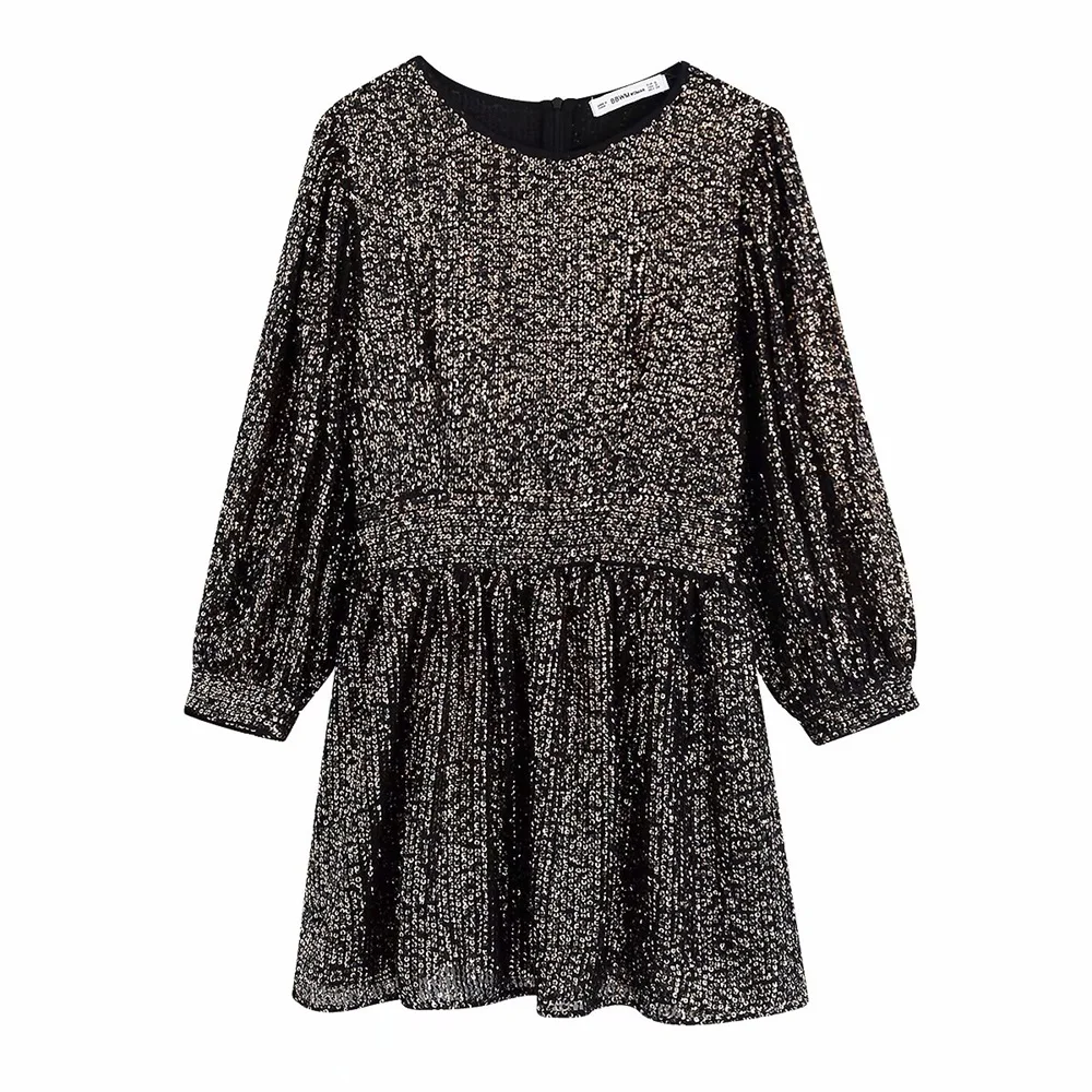 Женское Пышное мини платье Za с круглым вырезом и длинным рукавом контрастной