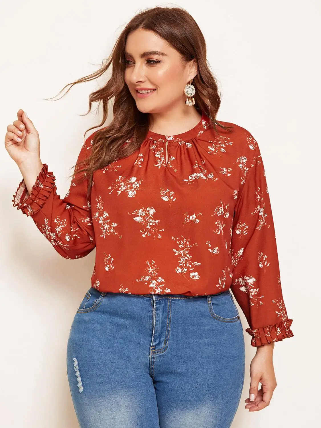 Блузка женская с длинным рукавом и цветочным принтом свободного покроя | Женская