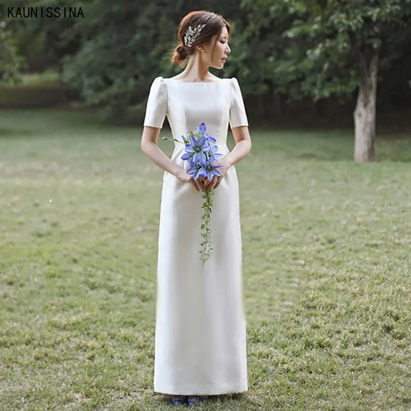 

KAUNISSINA Satin Wedding Dresses for Women Short Sleeve Wedding Gowns Long Simple Bridal White Dress Vestidos De Noiva