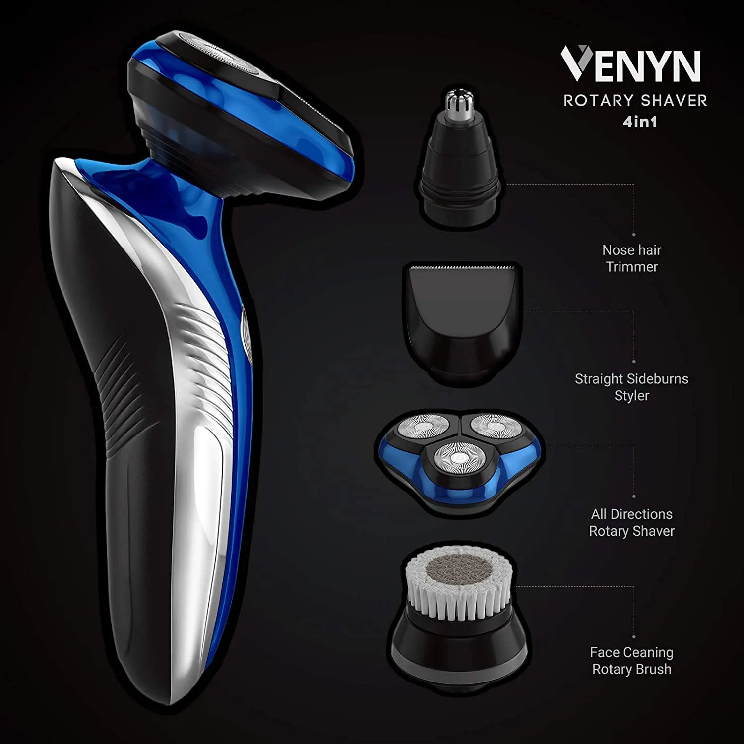 

4 In 1 Richor Rotatory Electric Shaver - Works for Wet, Dry Beard - Body Hair Trimmer - Water Resistant -Cordless Face Cleaner