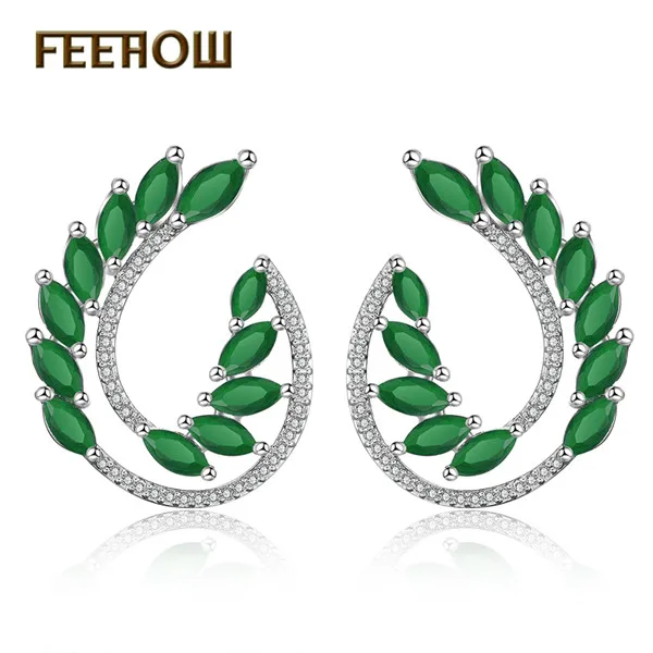 Green FEEHOW, модные серьги-гвоздики с белым кубическим цирконием и камнем в виде листьев для женщин, свадебные ювелирные изделия, заводская цена, FWEP455 - Окраска металла: Green