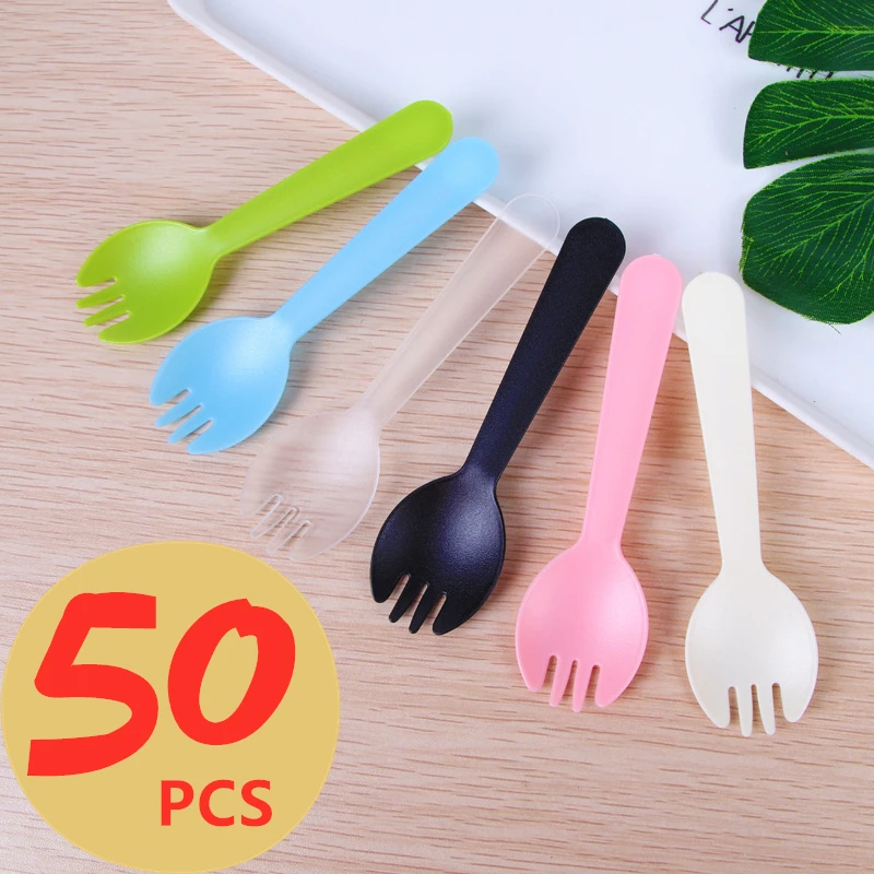 

50pcs/set Disposable Plastic Spoons Forks for Cake Ice Cream Salad Fruit Dessert Soup Tea Coffee Party Cake Baking Shop Supplies