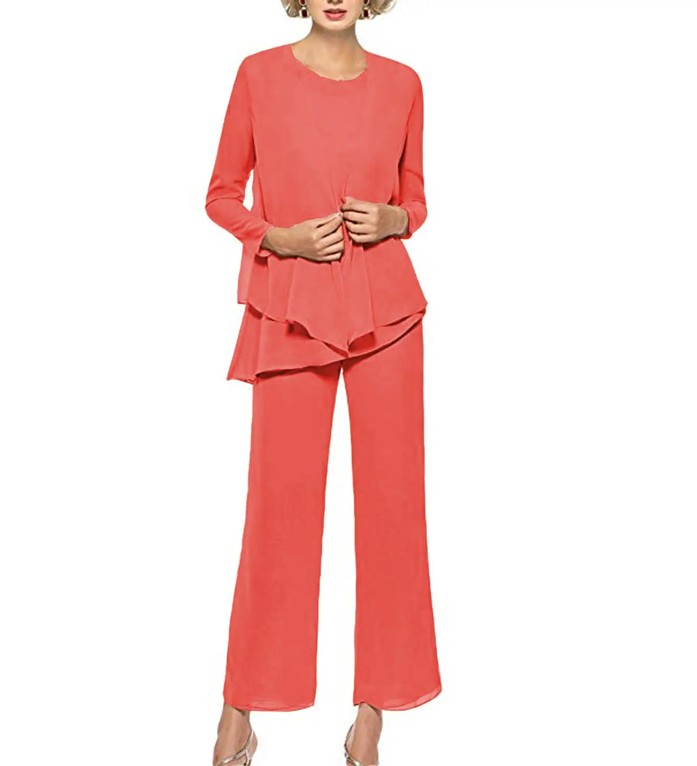 Женский костюм для матери невесты шифоновое платье с оборками цвета шампанского