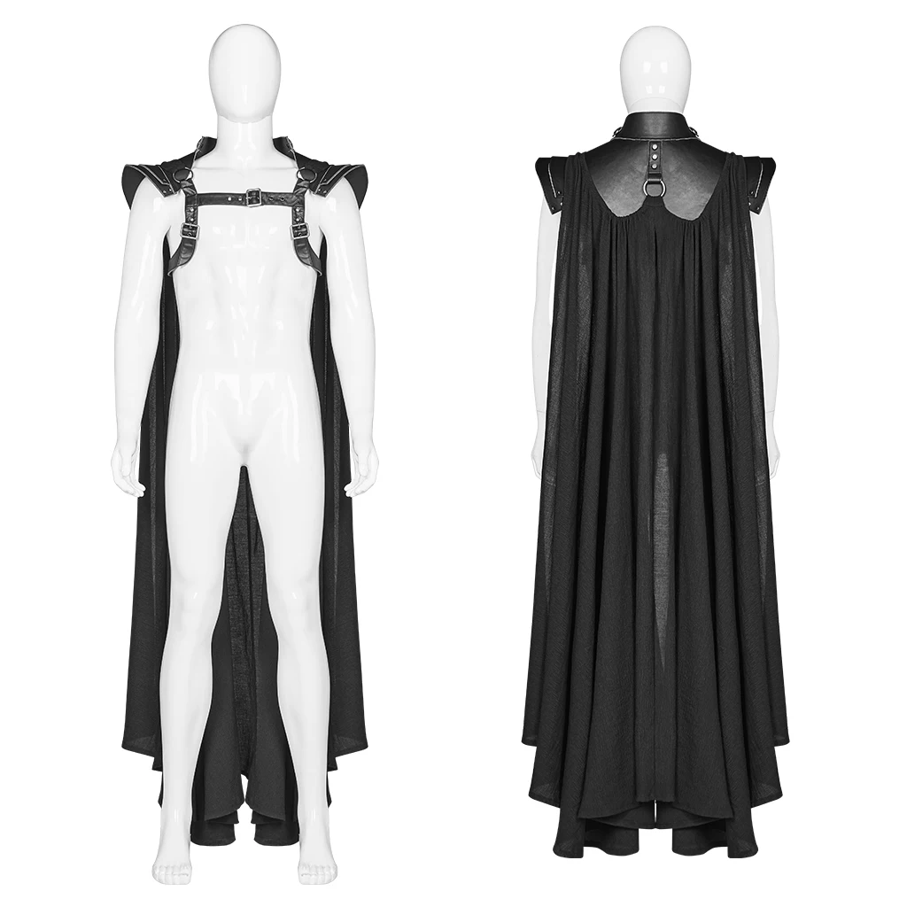 Punk Retro Shuttle Leather Metal Bumping Nails Stage Performace Cloak Classic black Warrior Men Long Cape PUNK RAVE WY-1106DPM | Мужская