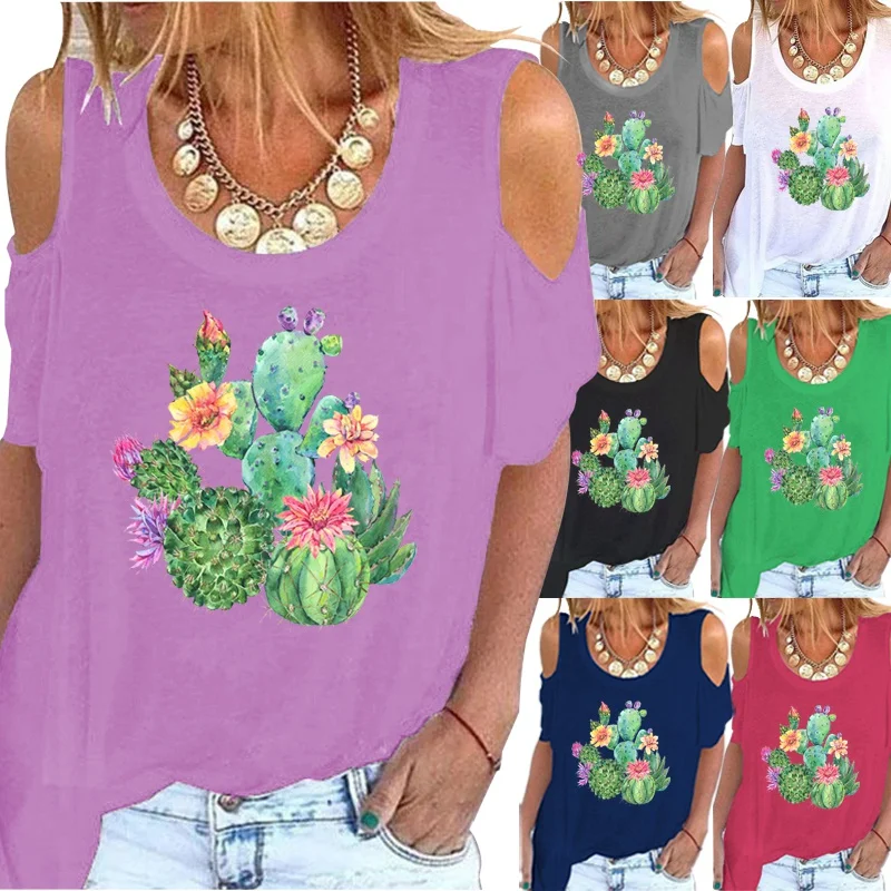 

Summer Women's Plus Size Fashion Cactus Print Round Neck Short-sleeved T-shirt Casual Off-shoulder Shirt Loose Solid Color Top